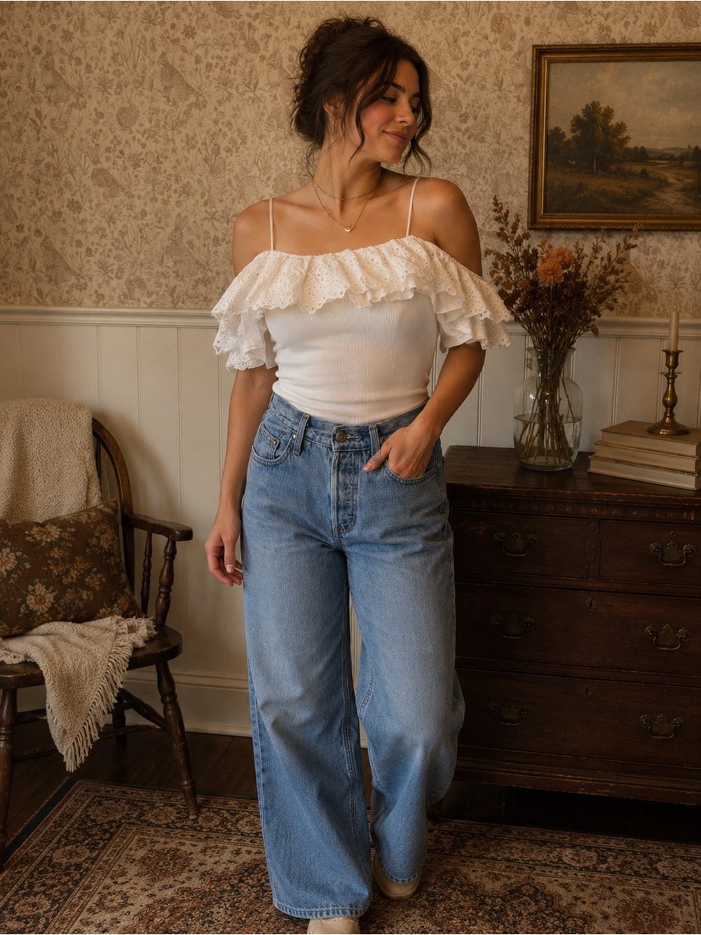 Zara White Ruffled Off-Shoulder Bodysuit